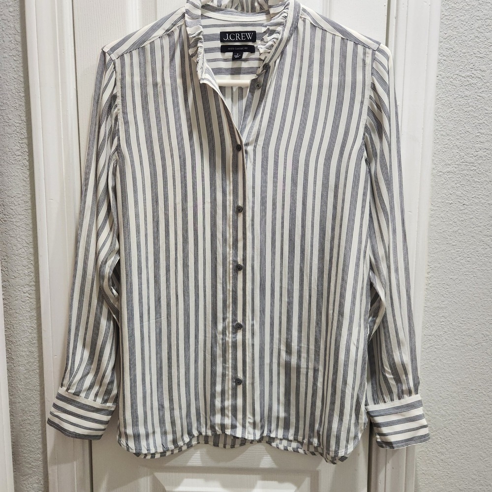 J.Crew Jules Classic Fit Striped Ruffle Collar Blouse Ivory Navy CP661 Size 0